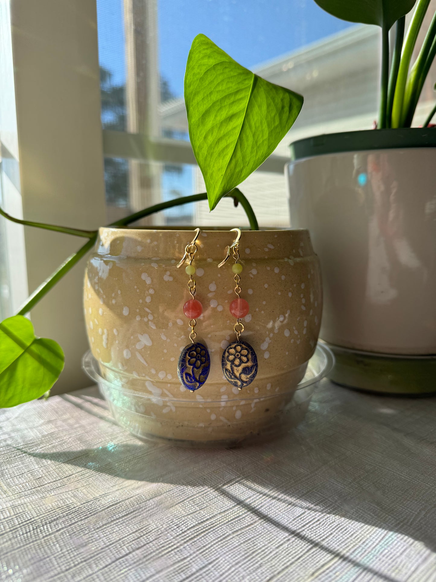 Czech Flower Earrings - Strawberry Quartz & Olive Jade