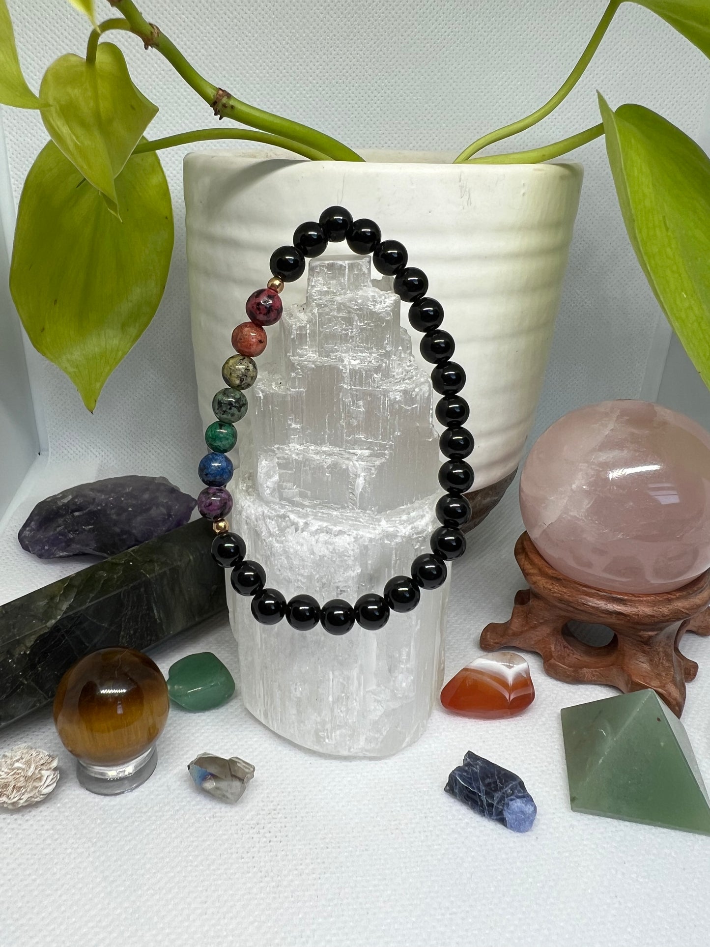 Dyed Granite & Black Bead Bracelet