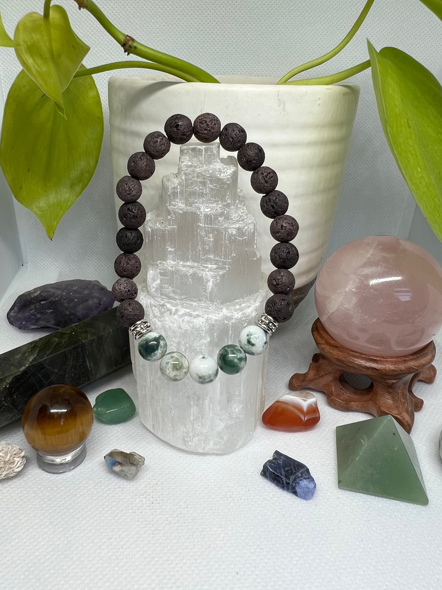 Moss Agate & Brown Lava Rock Bracelet