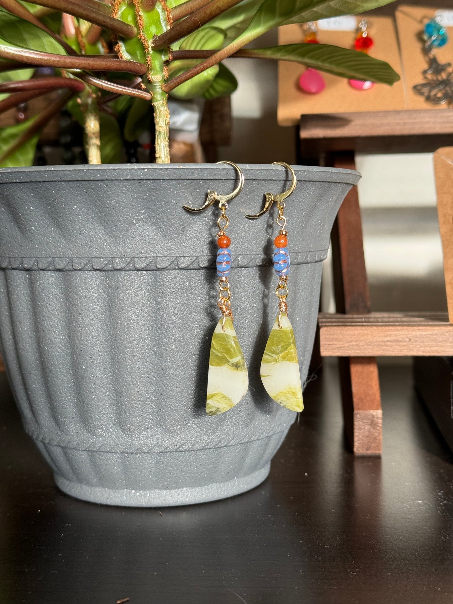 Lemon Serpentine Earrings with Red Aventurine